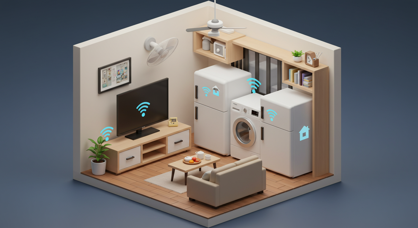 Smart home isometric view with connected devices and appliances